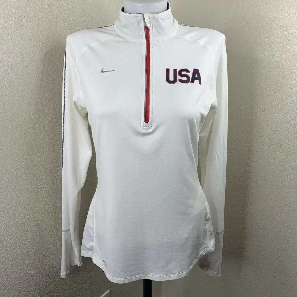 Nike Team USA Element Dri-Fit White Quarter Zip Pullover Sz M Flag Top *flaws